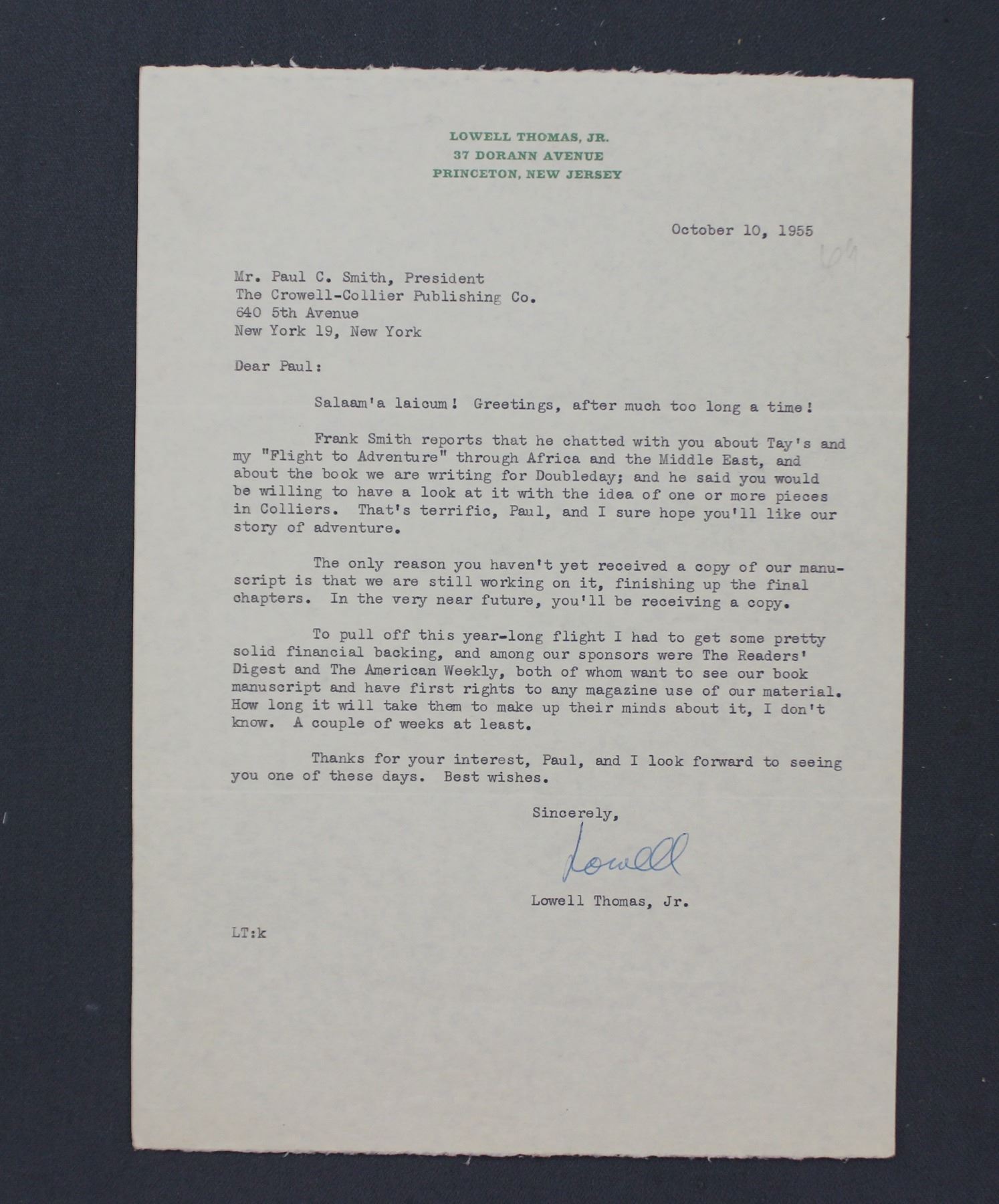 Lowell Thomas and Two Lowell Thomas Jr. Typed Letters Signed; d. 1954-55-56
