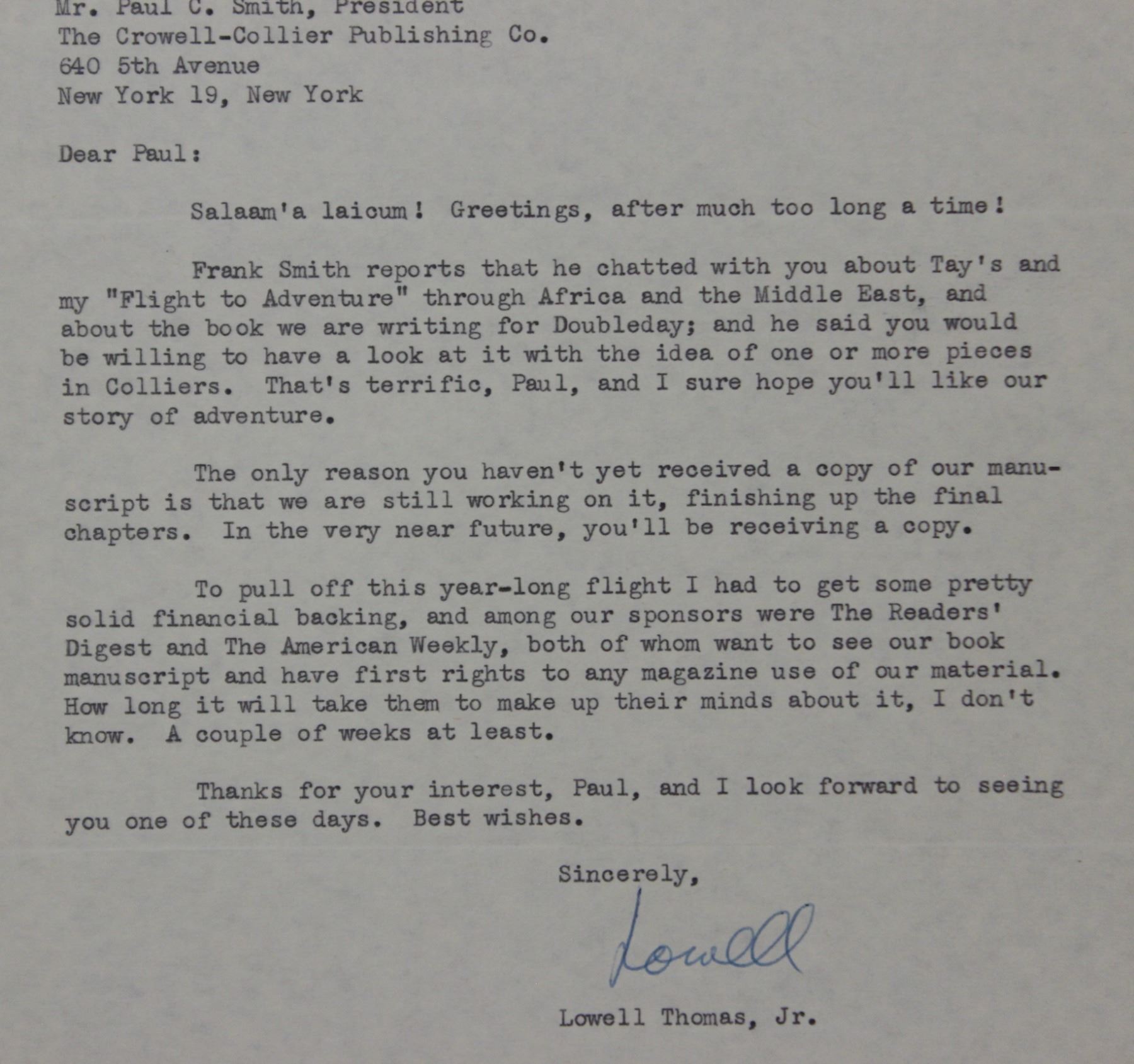 Lowell Thomas and Two Lowell Thomas Jr. Typed Letters Signed; d. 1954-55-56
