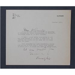 Nancy Witcher Langhorne Astor Letter Signed as Viscountess Astor. One page ; October 1952.