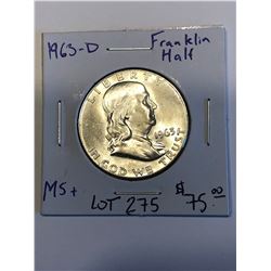 1963 D Brilliant Uncirculated MS  Fraklin Silver Half Dollar