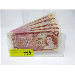 Six 1974 Canadian $2 Bills - Near Mint