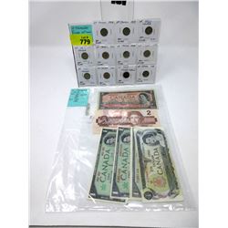 Six Old Issue Canadian Bills & 11 Silver Dimes