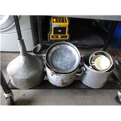 Large Galvanized Funnel and Assorted Camping Pots