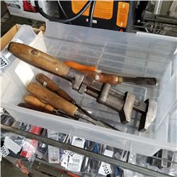 TOTE OF VINTAGE CHISELS VICE WRENCH