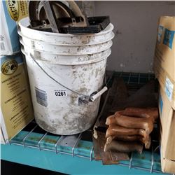 BUCKET OF TOOLS W/ HANDSAWS AND SQUARE