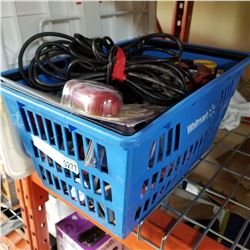 BLUE BASKET OF BUNGEE CORDS AND RATCHET STRAPS