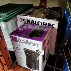 SALTON SPACE SAVING COFFEE MAKER, SALTON CORDLESS KETTLE, AND KALORIK 3-TIER FOOD STEAMER - WORKING