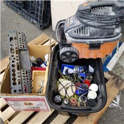 BOX AND TOTE OF SHOP SUPPLIES INCLUDING RIGID PORTABLE VAC