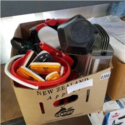 BOX OF TOOLS, PLANER, AND LIGHTS