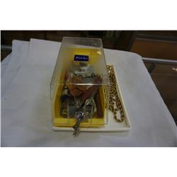 GOLD TONE JEWELLERY AND LOCKABLE DISK BOX W/ KEY FULL OF COLLECTIBLES