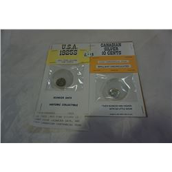 US 1925 .900 FINE SILVER 10 CENT COIN -SCARCER DATE, AND 1967 CANADIAN CENTENNIAL YEAR SILVER 10 CEN