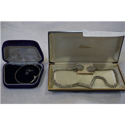 GOLD PLATED BANGLE W/ 2 PENDANTS AND RHINESTONE NECKLACE W/ EARRINGS