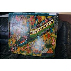 FOLK ART OIL ON WOOD "THE VILLAGE LIFE" PICTURE