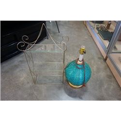 SMALL METAL STAND W/ GLASS SHELVES AND SPAGHETTI VINTAGE LAMP BASE