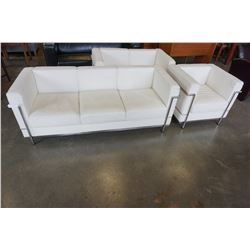 MODERN GENUINE LEATHER AND SOLID STAINLESS FRAMED SOFA, LOVESEAT, AND CHAIR, VERY GOOD QUALITY