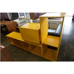 YELLOW ROLLING CART, CREDENZA, AND SHELF