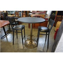 BRASS BASE BAR TABLE W/ 2 STOOLS