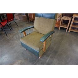 GREEN MID CENTURY LEATHER AND UPHOLSTERED ROCKER