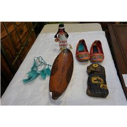 FIRST NATIONS SLIPPERS, SMALL CARVED TOTEM, AND BOWL W/ DREAMCATCHER