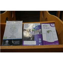COMFORT ZONE MINI HUMIDIFER, MAINSTAYS CLIP DESK FAN, AND RIVAL ELECTRIC CAN OPENER
