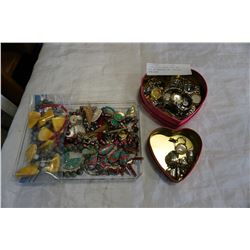 2 CHOCOLATE HEART TINS AND TRAY OF WATCHES AND VARIOUS JEWELLERY