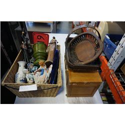 BASKET OF FIGURES AND WOODEN BASKETS AND BOX