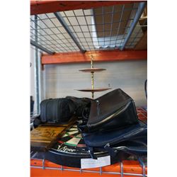 2 LEATHER PURSES, DART BOARD, AND 3-TIER CAKE PLATTER