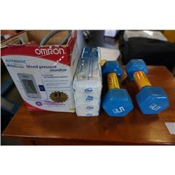 OMRON AUTOMATIC BLOOD PRESSURE MONITOR AND 2 5LB VINYL DUMBELLS AND PACK OF DIAL SOAP