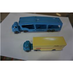 2 LESNEY MADE IN ENGLAND METAL TOY TRUCKS WITH TRAILERS