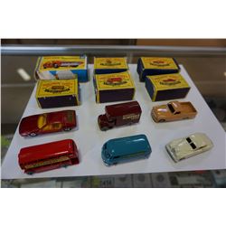 6 MATCHBOX LESNEY MADE IN ENGLAND METAL TOY CARS, DOUBLE DECKER BUS, VAN, TRUCK WITH BOXES