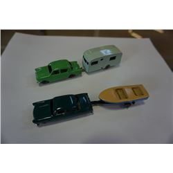 2 LESNEY MADE IN ENGLAND METAL TOY CARS WITH HORSE TRAILER AND BOAT TRAILER