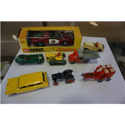 7 LESNEY MADE IN ENGLAND METAL TOY CARS, TRACTORS AND 1 CORGI TOYS WHIZZWHEELS TOY CAR IN BOX