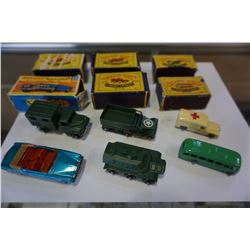 6 MATCHBOX LESNEY MADE IN ENGLAND METAL TOY CARS, MILITARY VEHICLES WITH BOXES