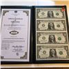 Image 1 : Uncut Sheet of 4 2009 1 Dollar Bills with Certificate in Leather Binder