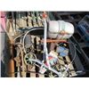 Image 1 : 2 PALLETS OF MISC ITEMS (DESK, SEEDER, PLANT HANGERS, HOMEMADE BARREL BBQ)