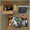 Image 1 : LOT OF 3 BOXES OF MISC HOUSEHOLD (CLEANERS, SPACE HEATER, BIKE SEATS, ETC)