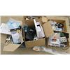 Image 1 : LOT OF 4 BOXES OF MISC TOOLS (NEW THERMOSTAT, DESKTOP CALCULATORS, CLEANERS, TOWEL RACK, ETC)