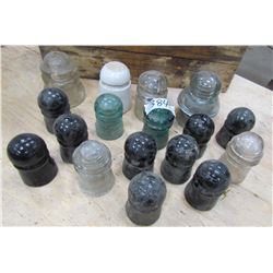 LOT OF 17 ASSORTED INSULATORS ( GREEN, BLUE, WHITE AND CLEAR)