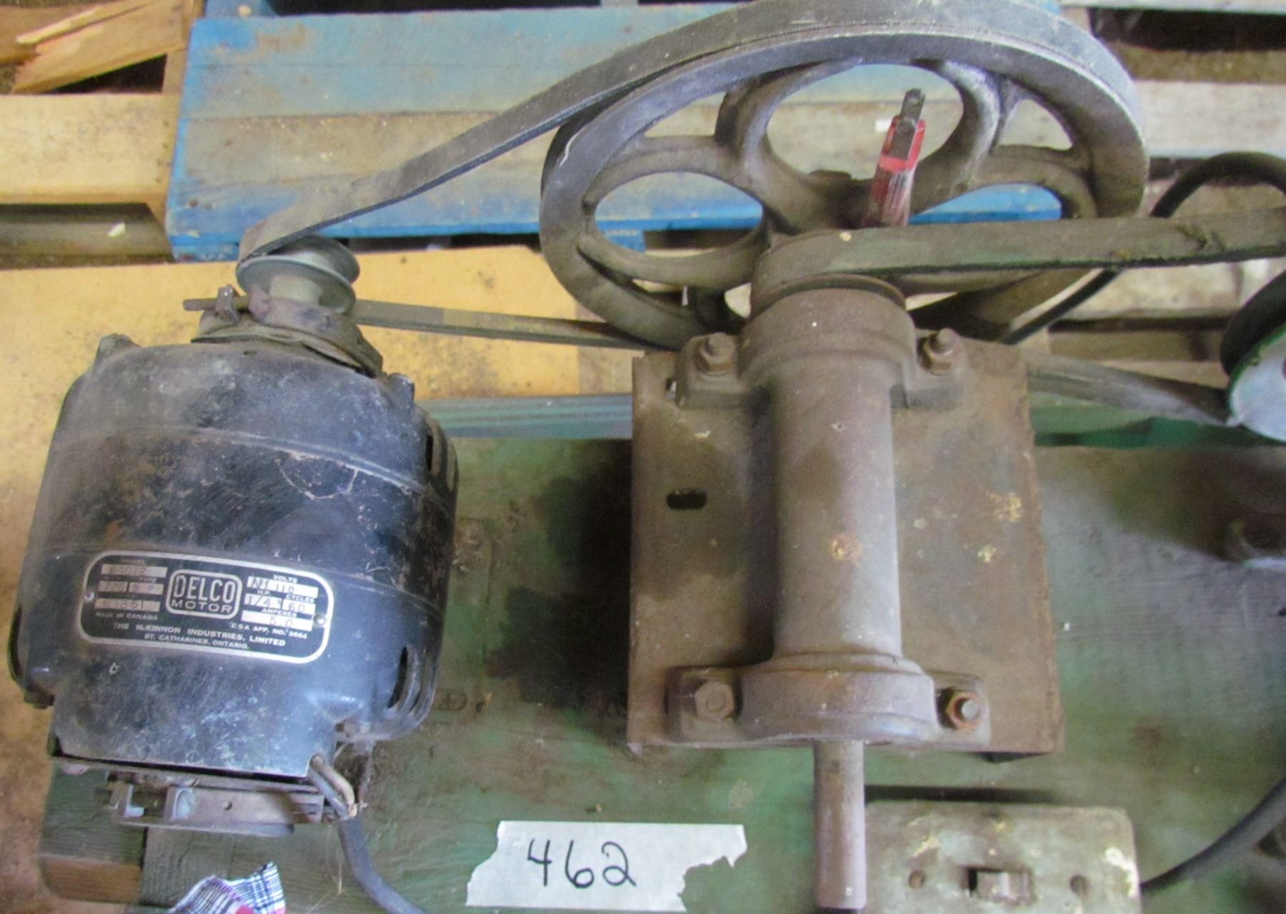 MEAT GRINDER (ELECTRIC) *MOUNTED ON WOOD STAND* (DELCO MOTOR) *1/4 HP*