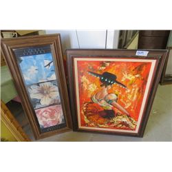 LOT OF 2 PAINTINGS (LADY IN A DRESS 38.5  L X 37  H) *FLOWER PRINT 17.5  L X 41.5  H* (BOTH FRAMED)