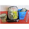 Image 1 : LOT OF PAINTING ITEMS (TOOLS, BRUSHES, PAINT TRAYS, PAINT ROLLERS, HANDLES, HALF CAN OF CLEAR GLOSS,
