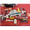 Image 2 : LOT OF PAINTING ITEMS (TOOLS, BRUSHES, PAINT TRAYS, PAINT ROLLERS, HANDLES, HALF CAN OF CLEAR GLOSS,