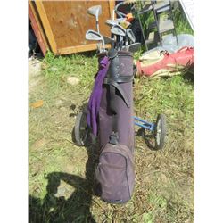 SET OF 15 GOLF CLUBS (WITH BAG AND CADDY) *MISC GOLF SUPPLIES IN BAG INCLUDED, CANVAS MAROON* (NORTH