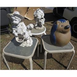 LOT OF GARDEN ITEMS ( 3 X CEMENT STATUES, ONE BROKEN) *3 X SMALL TABLES; 2 X 16"SQUARE TABLES AND 1