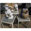 Image 1 : LOT OF GARDEN ITEMS ( 3 X CEMENT STATUES, ONE BROKEN) *3 X SMALL TABLES; 2 X 16"SQUARE TABLES AND 1