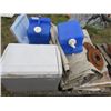 Image 1 : LOT OF MISC CAMPING ITEMS (2 X COOLERS, 3 X WATER JUGS, 2 LARGE TARPS, 2 X ROTORS, ETC)