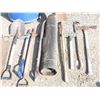 Image 2 : LOT MISC TOOLS (FIREMANS AXE, ROLL OF TAR PAPER, 3 X SHOVELS, ETC)