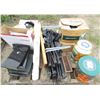 Image 1 : LOT OF MISC HOUSEWARES (3 X FOLDING CAMP CHAIRS, 2 X LARGE TINS, RAISED TOILET SEAT, 2 BOXES OF CHRI