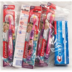 BAG OF ASSORTED KIDS TOOTHBRUSHES AND CREST