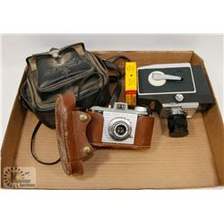 BOX OF OLD CAMERAS WITH CASES, LENS AND FILM